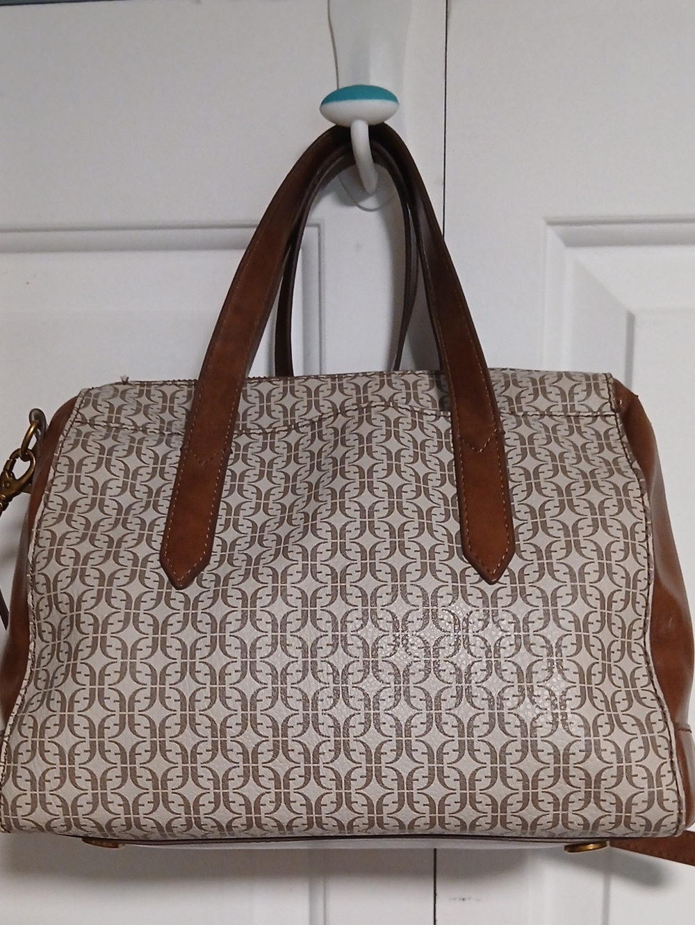 Fossil Cream Satchel with Brown Trim and Handles